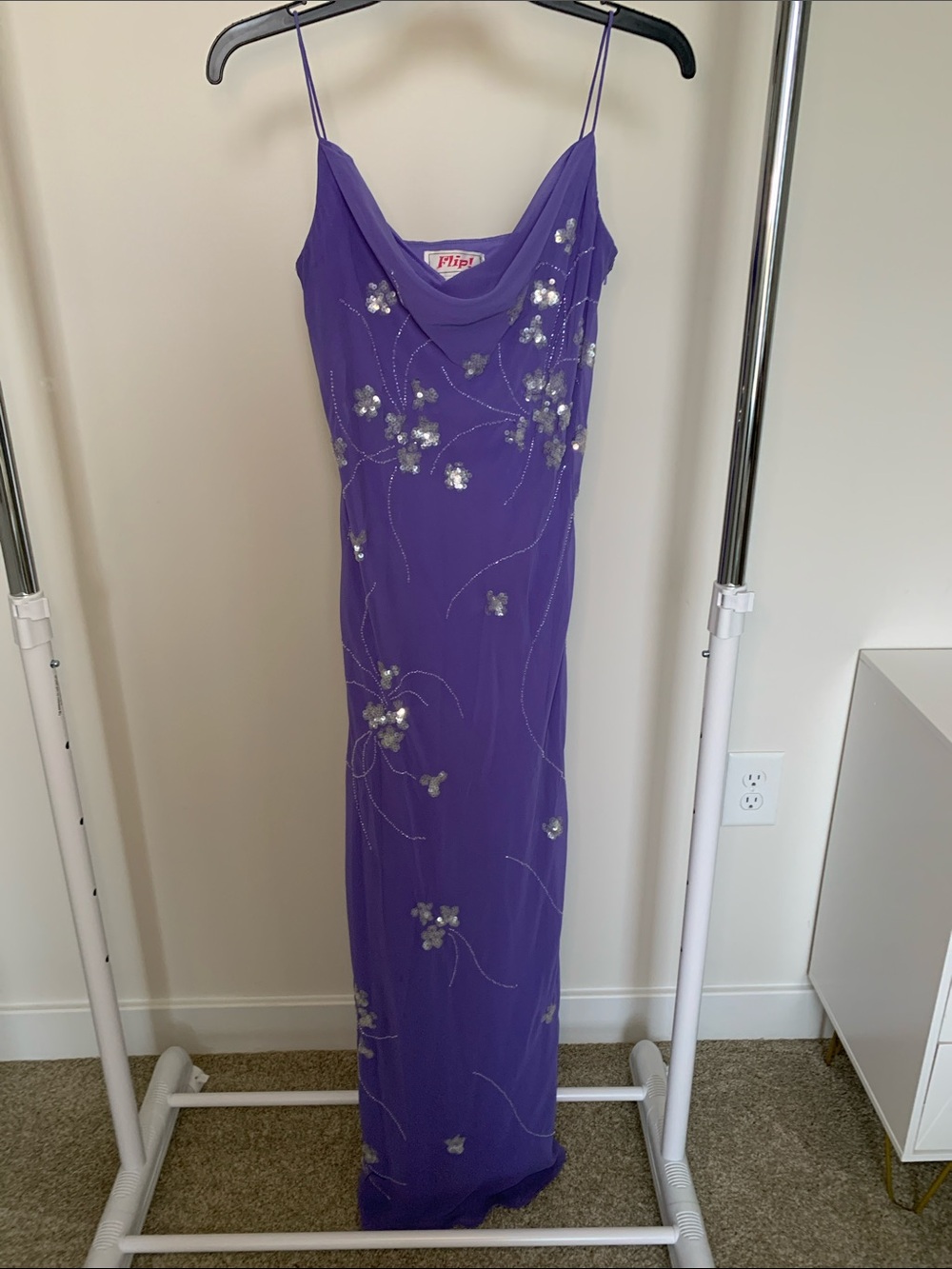 Elegant Lavender Beaded Cowl-Neck Maxi Dress SZ 9/10 Junior